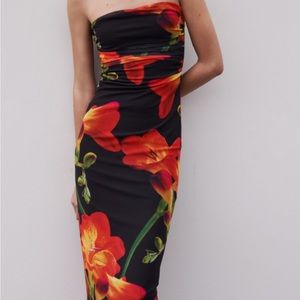 Zara strapless tight dress red flower printed dress